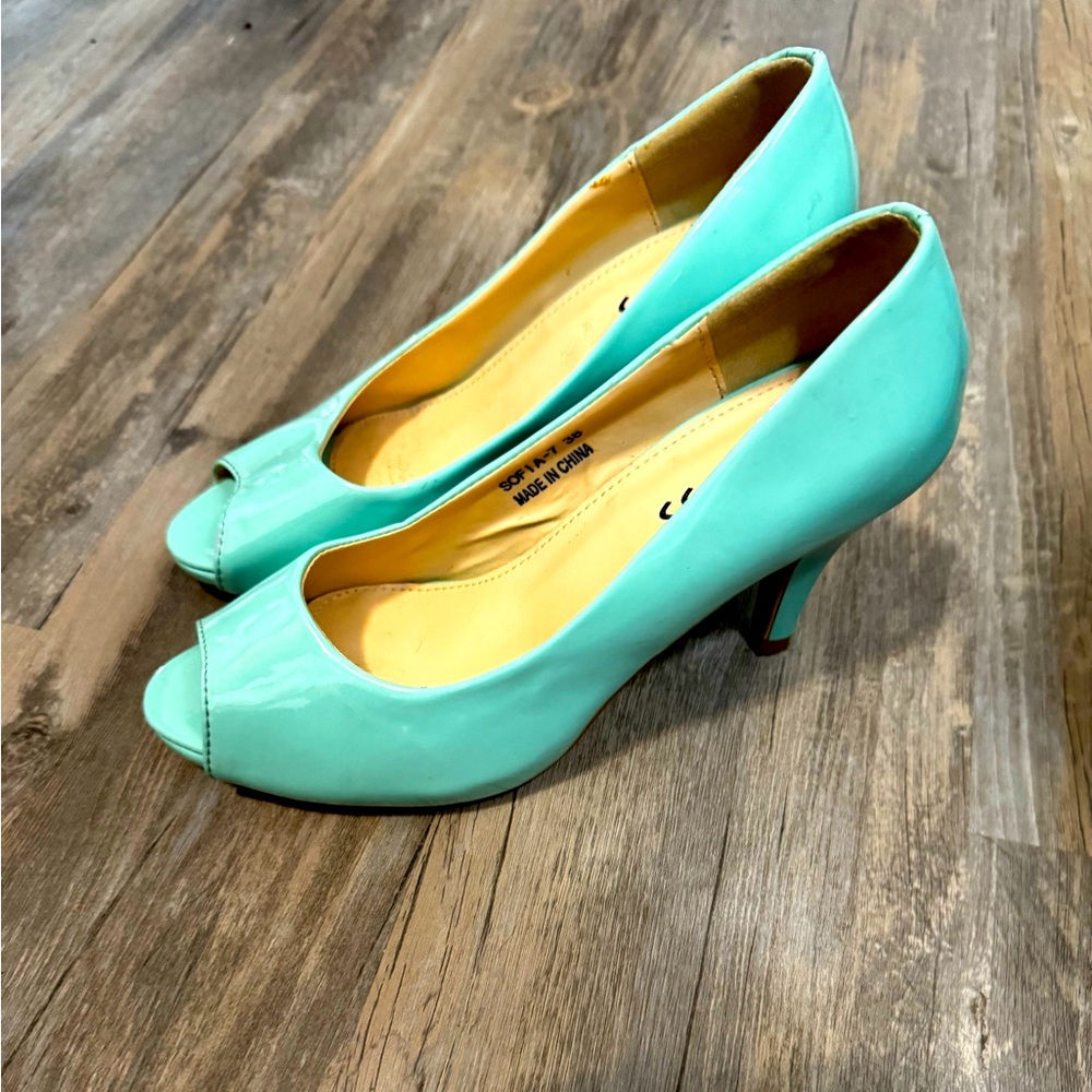 Mint Patent Peep-Toe Heels - Women's